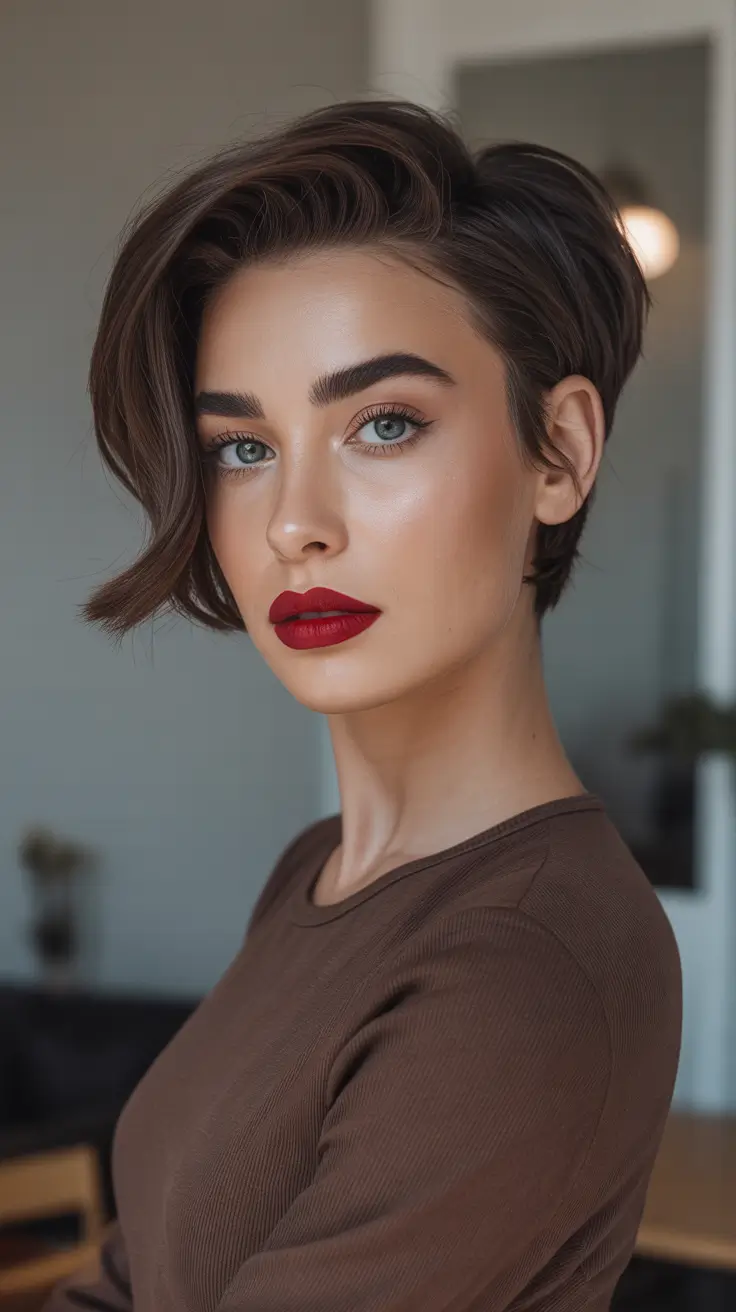 Trendy pixie haircuts 2026 - Bold Side Part Pixie With A Little Red Lip Drama