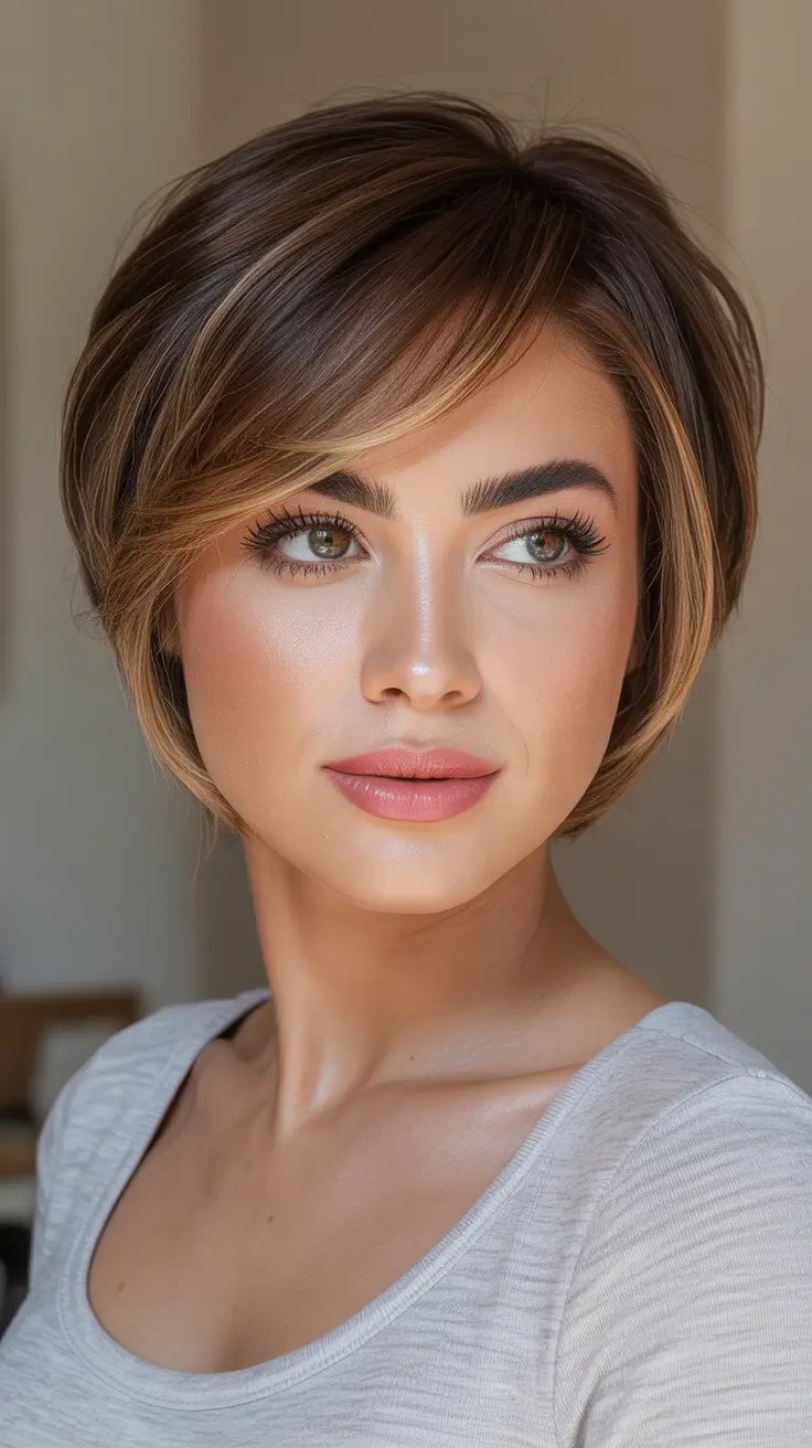 Trendy pixie haircuts 2026 - Soft Brunette Pixie Bob With Honey Dimension