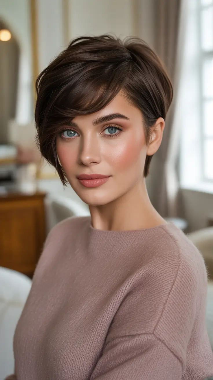 Trendy pixie haircuts 2026 - Side-Swept Espresso Pixie With A Chic Edge