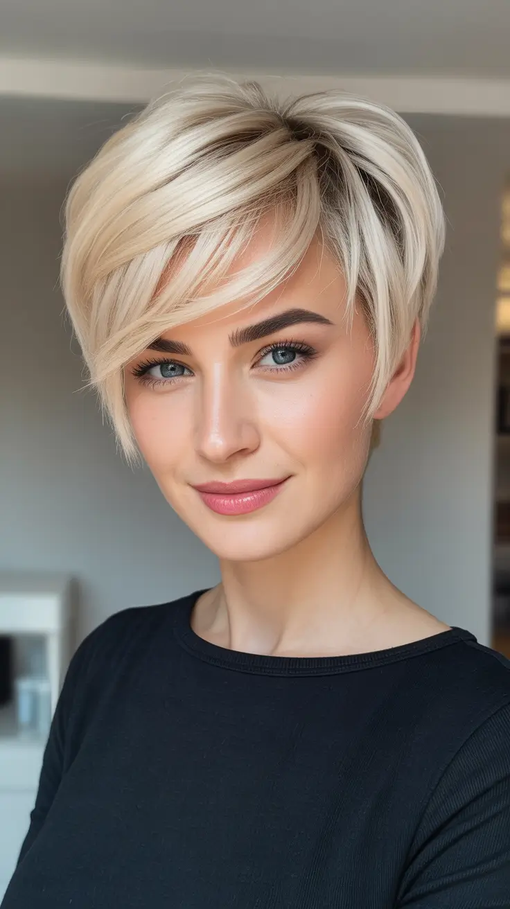 Trendy pixie haircuts 2026 - Icy Platinum Pixie With A Feathered Fringe