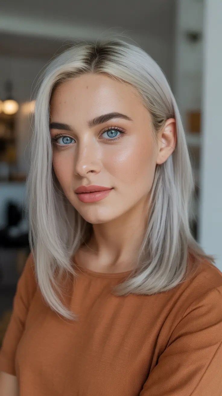 Trendy straight hairstyles 2026 + Icy Blonde Mid-Length Sleek Cut With Soft Movement