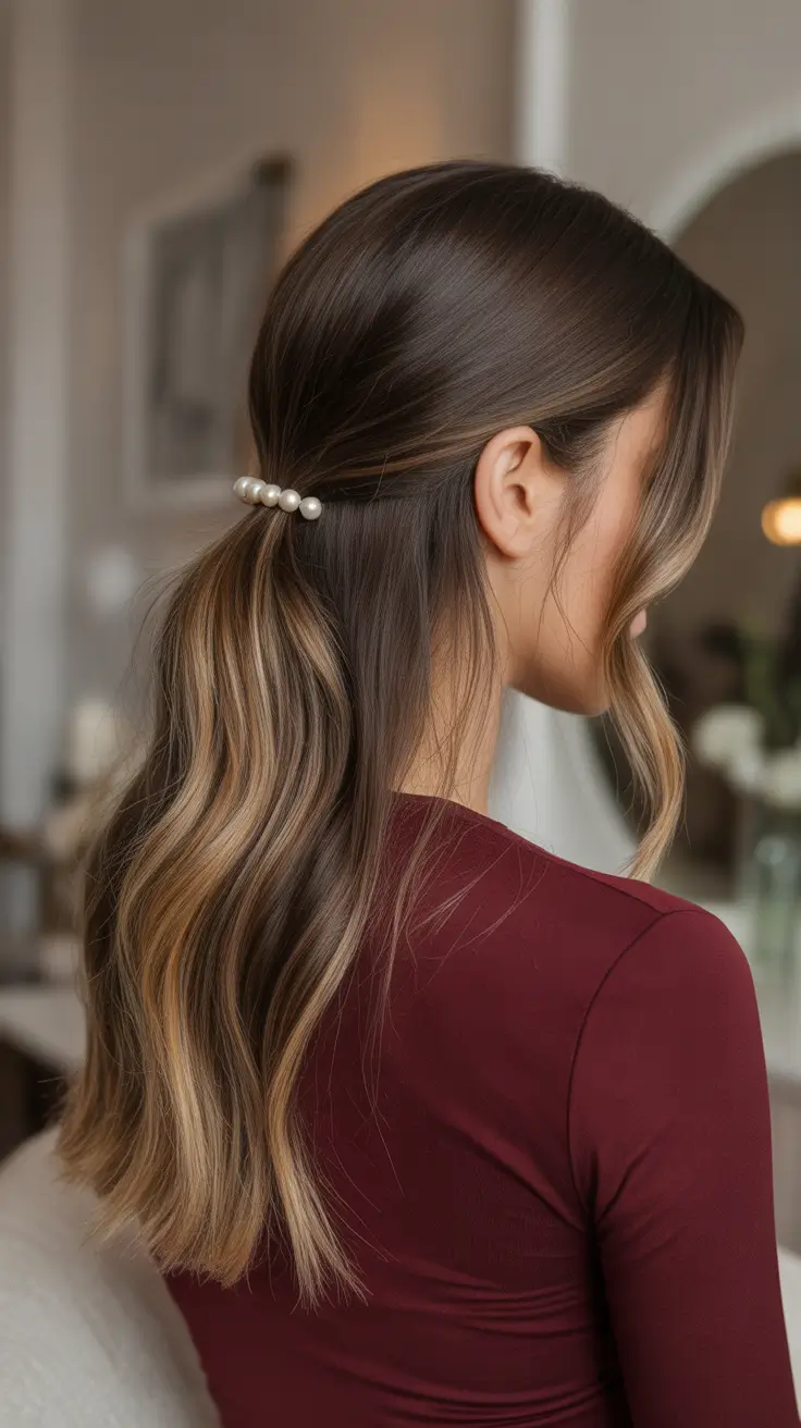 Trendy straight hairstyles 2026 + Half-Up Pearl Clip With Straight Length And Soft Highlights