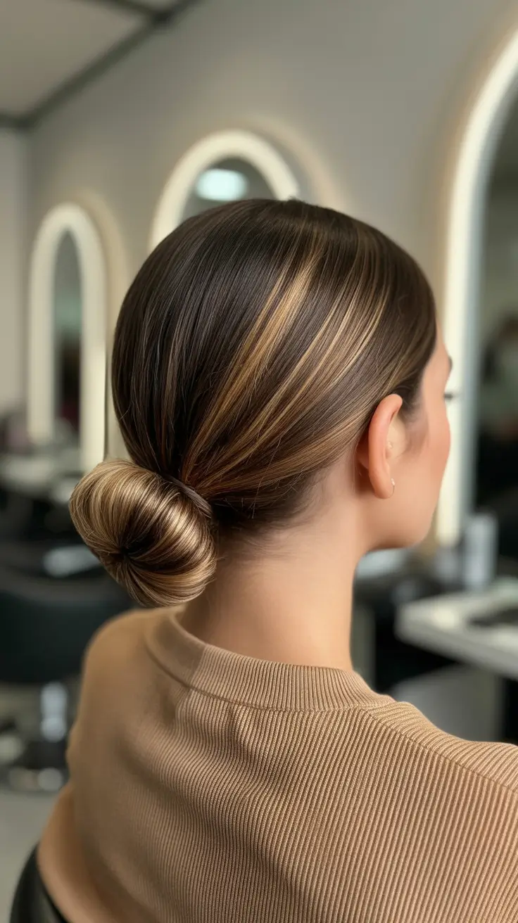 Trendy straight hairstyles 2026 + Sleek Low Bun With Dimensional Bronde Ribbons