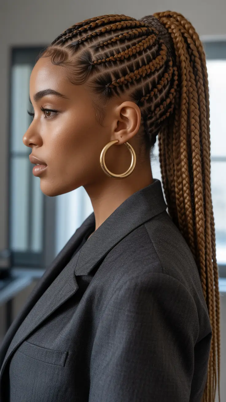 Trendy straight hairstyles 2026 + Straight-Back Braided Ponytail With Clean Lines