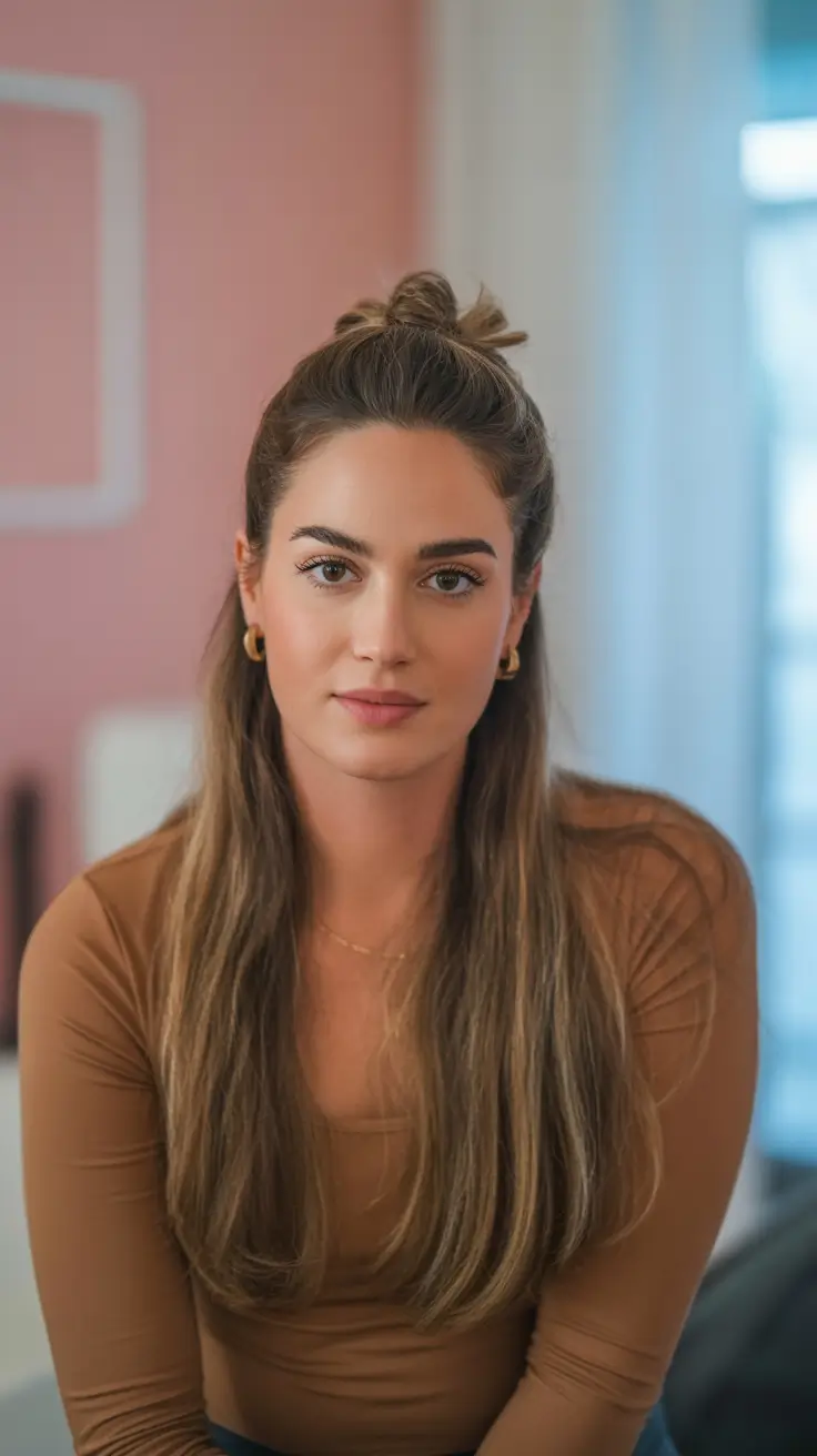 Trendy straight hairstyles 2026 + Half-Up Top Knot With Long Straight Length