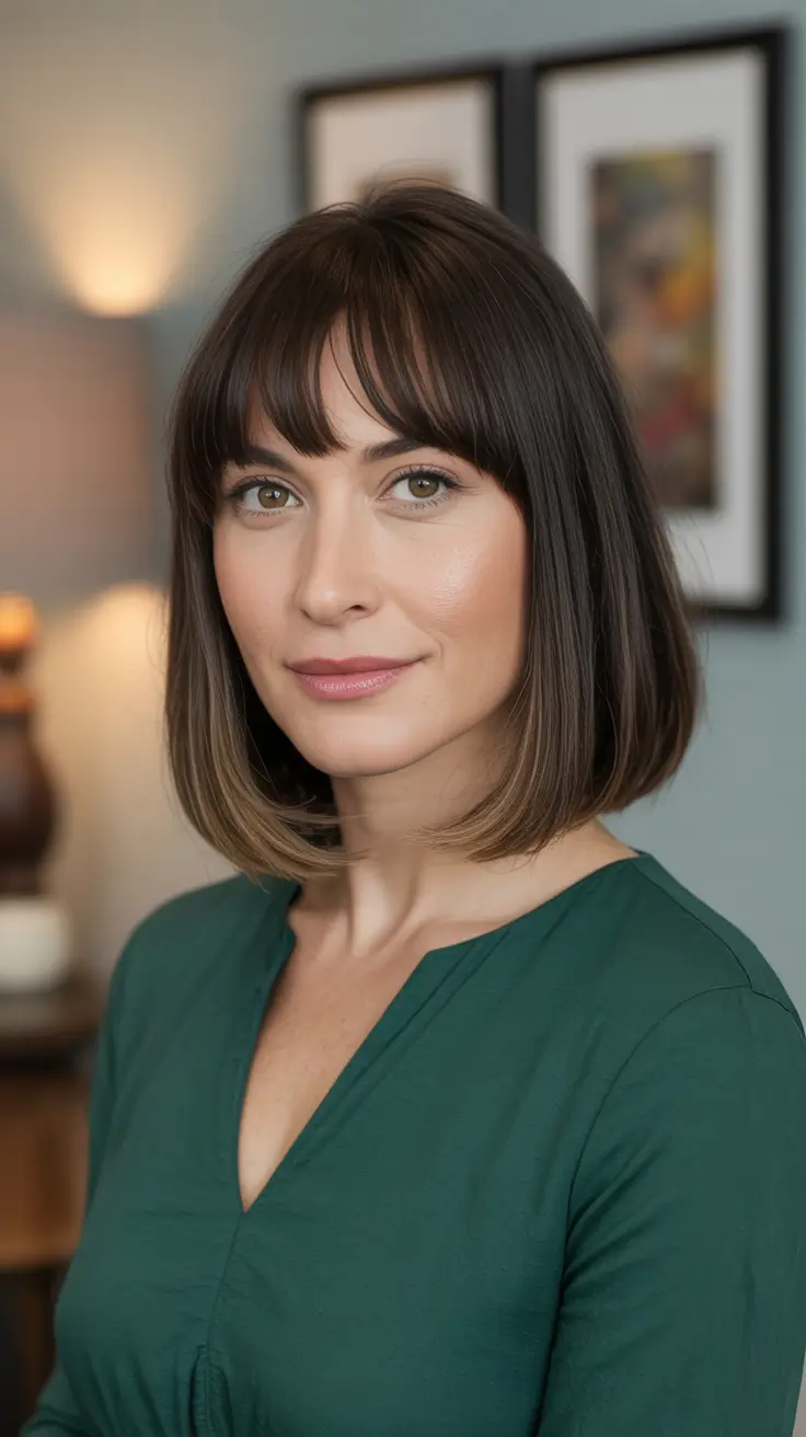 Trendy straight hairstyles 2026 + Mid-Length Blunt Bob With Soft Straight Bangs