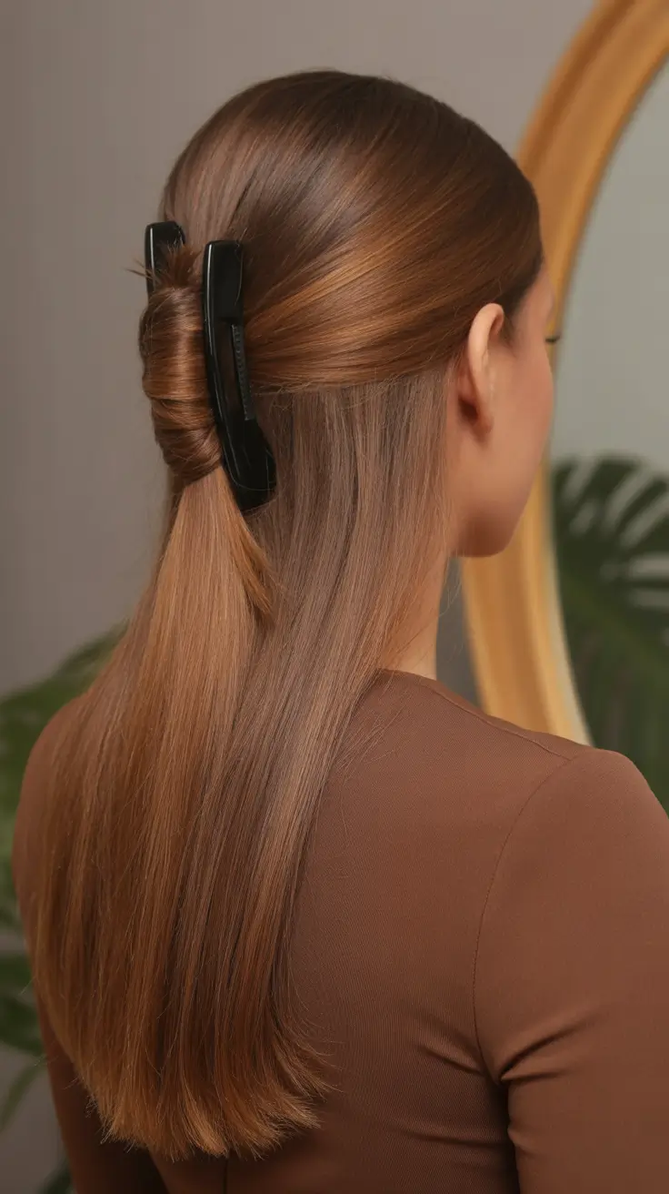 Trendy straight hairstyles 2026 + Half-Up Clip Twist For Glossy Straight Length