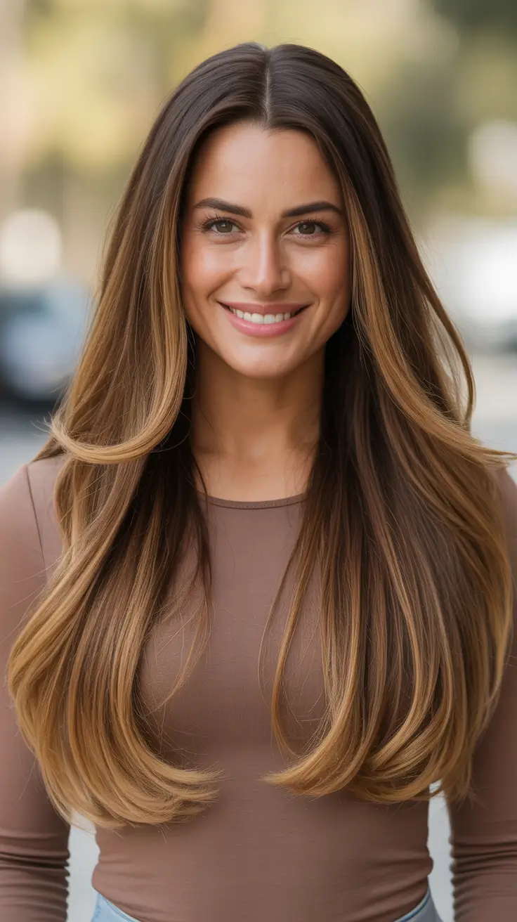 Trendy straight hairstyles 2026 + Caramel Ribbon Blowout On Long Straight Hair