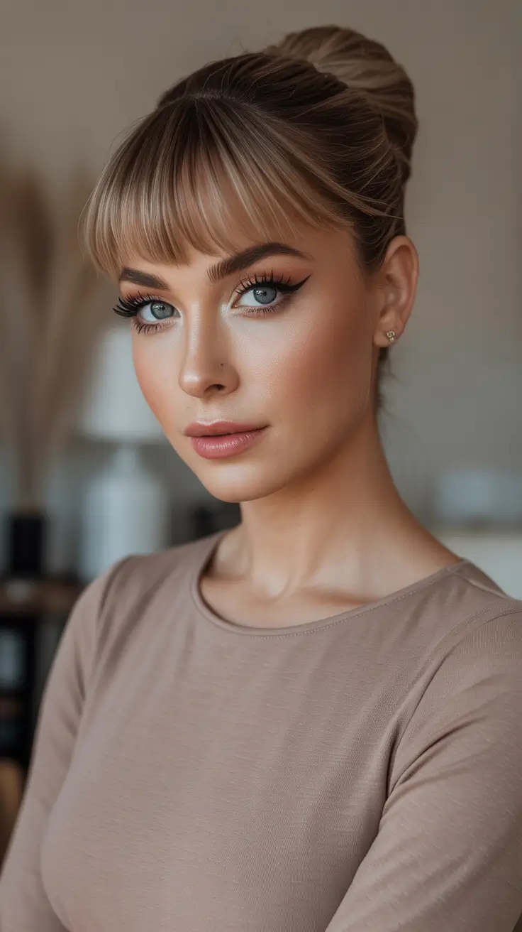 Trendy straight hairstyles 2026 + Sleek Bun With Blunt Bangs And Clean Glam