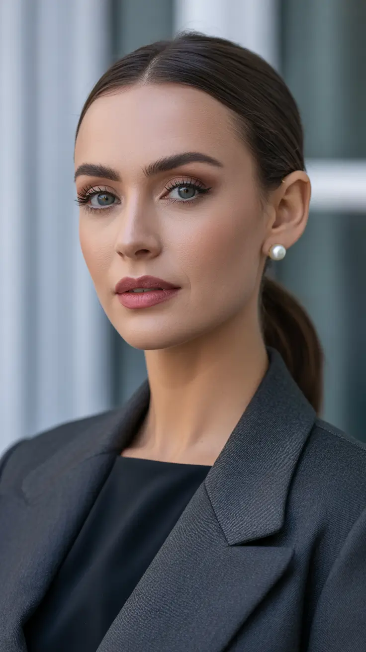Trendy straight hairstyles 2026 + Center-Part Low Ponytail With Sleek Corporate Energy