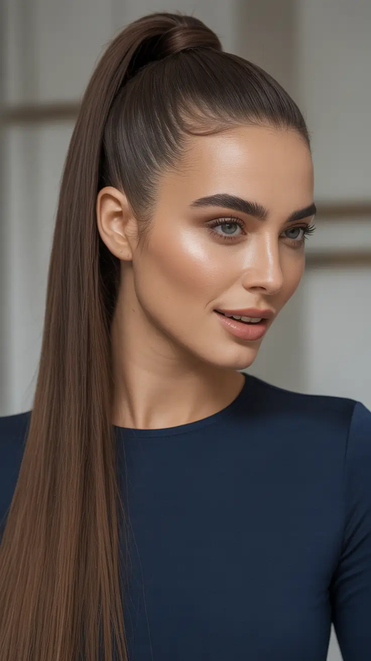 Trendy straight hairstyles 2026 + High Sleek Ponytail With Glossy Length And Snatched Lines