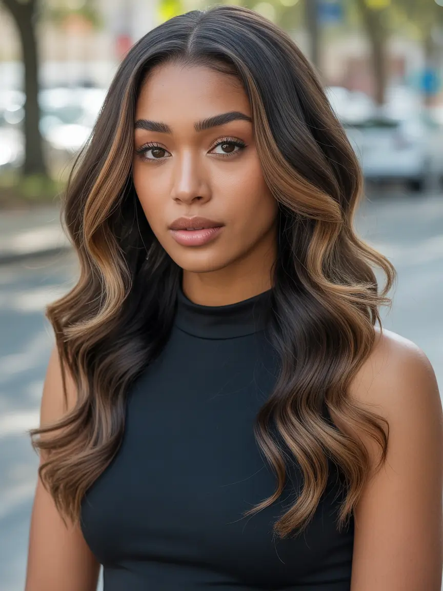 Best hair color for dark skin 2026 + Caramel Ribbon Balayage On Glossy Espresso Waves