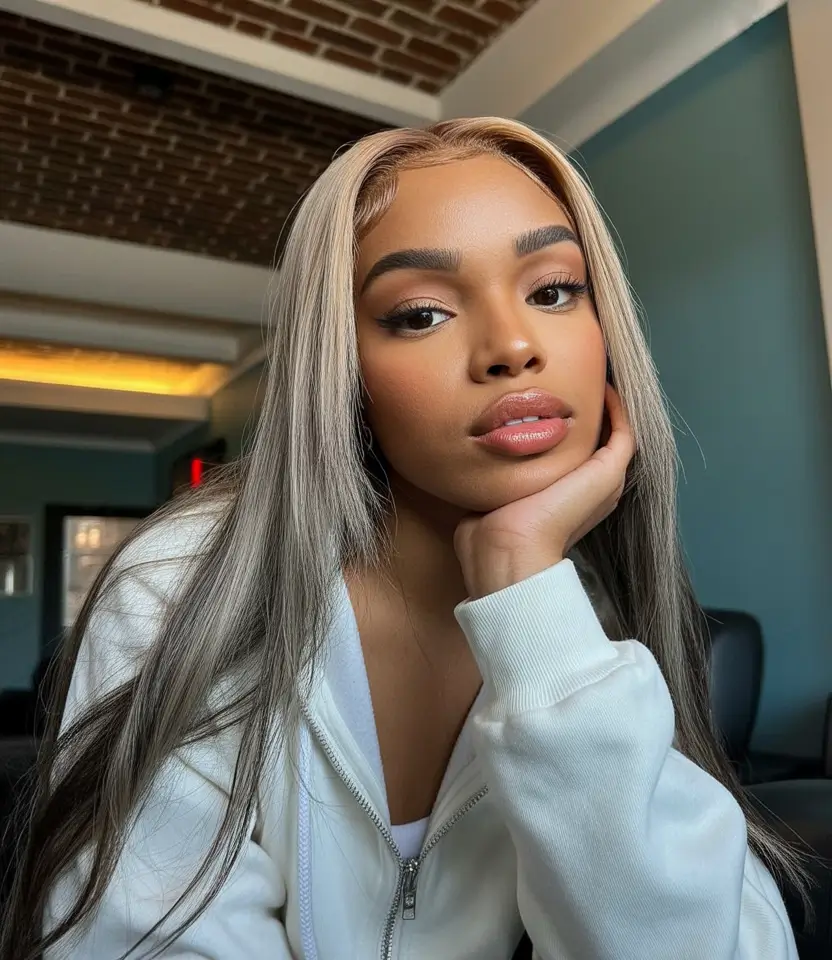 Best hair color for dark skin 2026 + Cool Ash Blonde Melt With A Soft Center Part