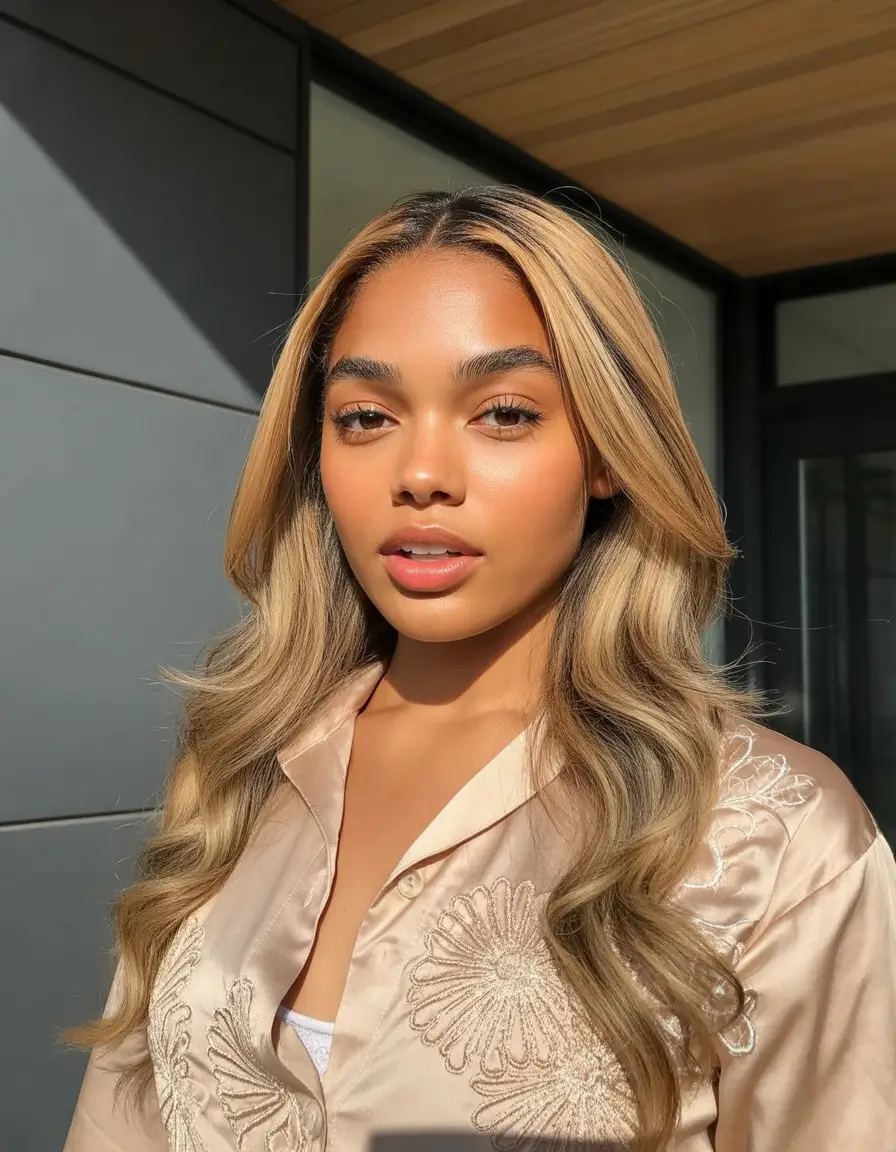 Best hair color for dark skin 2026 + Champagne Blonde Layers With Soft Shadow Root