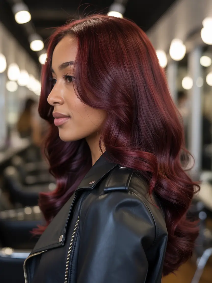 Best hair color for dark skin 2026 + Deep Merlot Waves With High-Gloss Finish