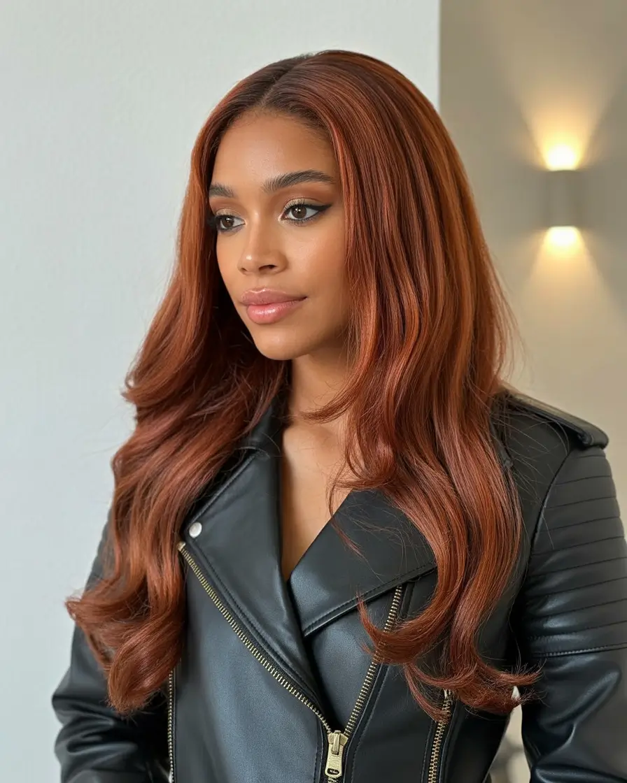 Best hair color for dark skin 2026 + Warm Auburn Blowout With Polished Leather Contrast