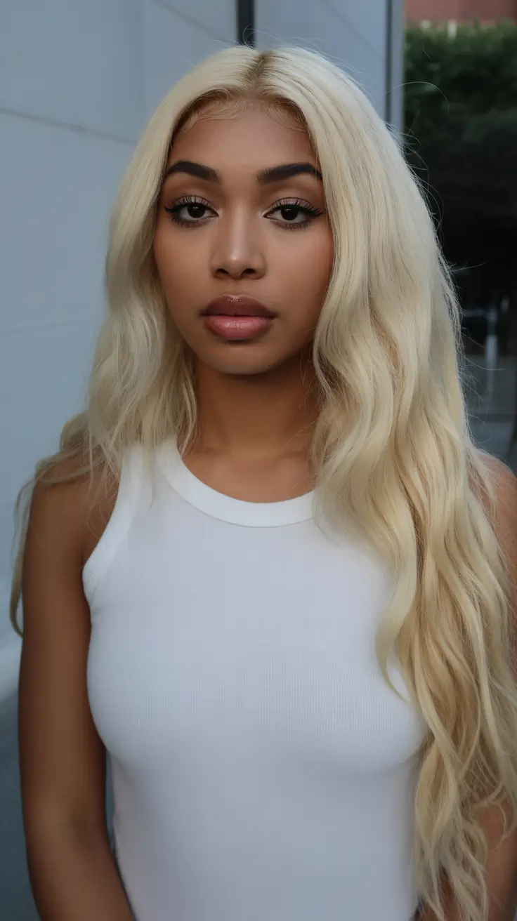 Best hair color for dark skin 2026 + Platinum Blonde Length With Clean Center Part