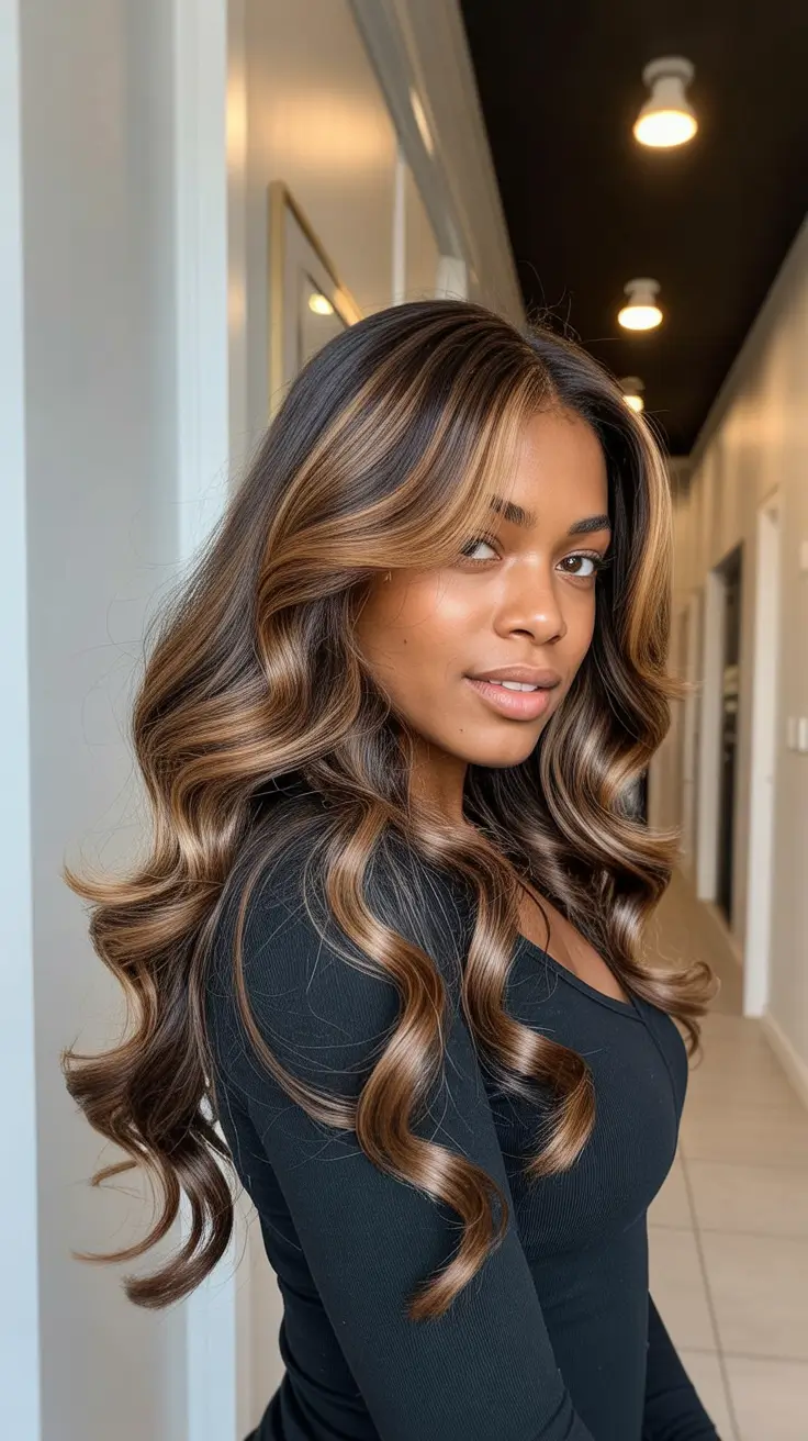 Best hair color for dark skin 2026 + Glossy Brunette Waves With Caramel Contour Highlights