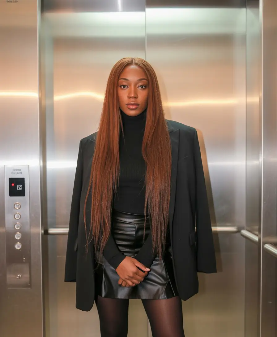 Best hair color for dark skin 2026 + Rich Auburn Silk Press Length With Power Outfit Energy