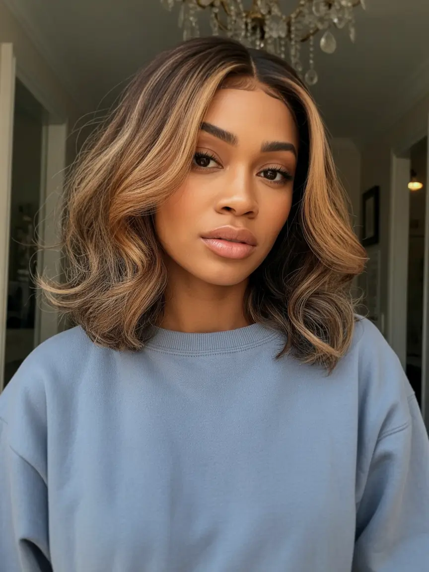 Best hair color for dark skin 2026 + Honeyed Caramel Lob With Soft Money Pieces