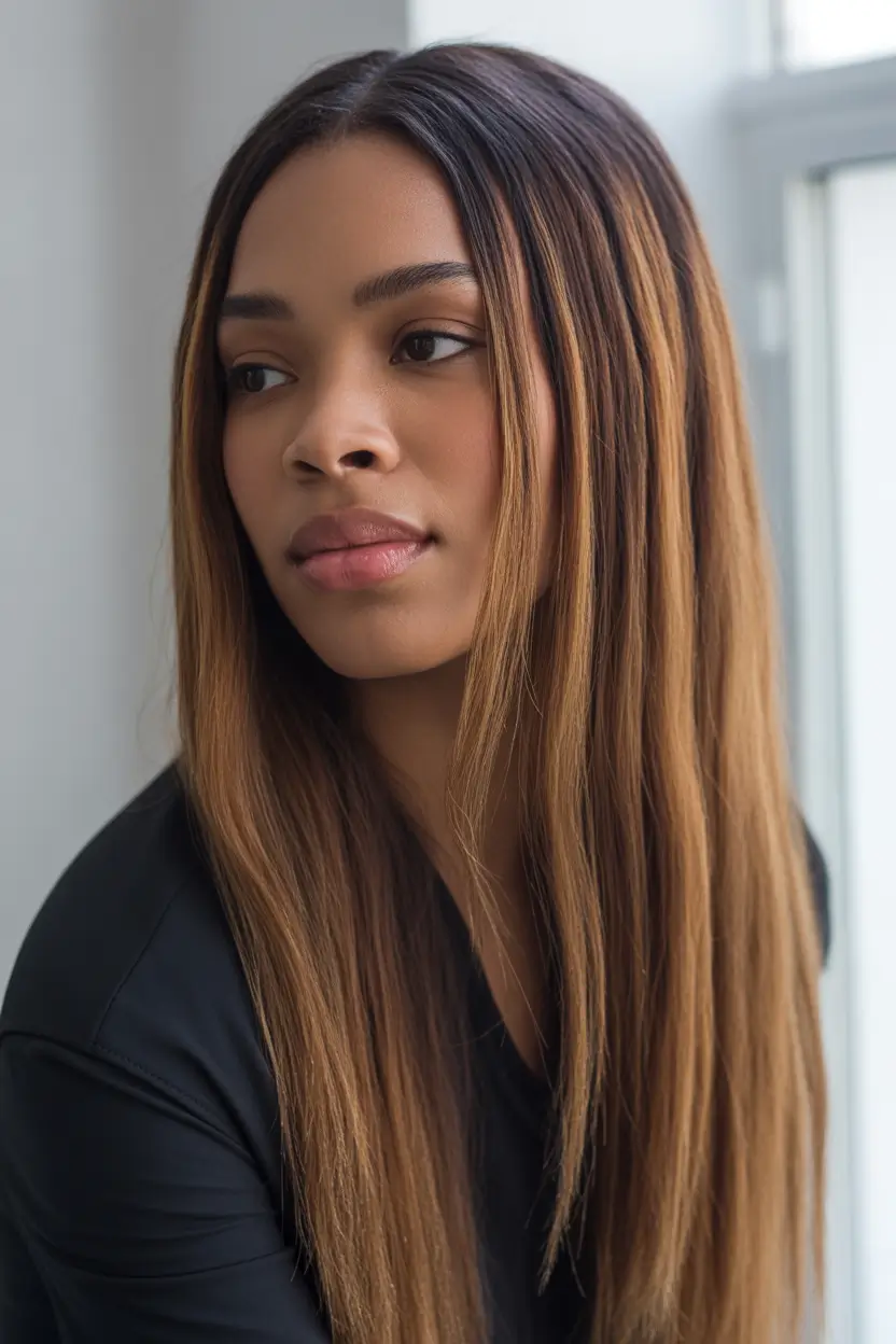 Best hair color for dark skin 2026 + Silky Espresso Length With Cinnamon-Glow Highlights