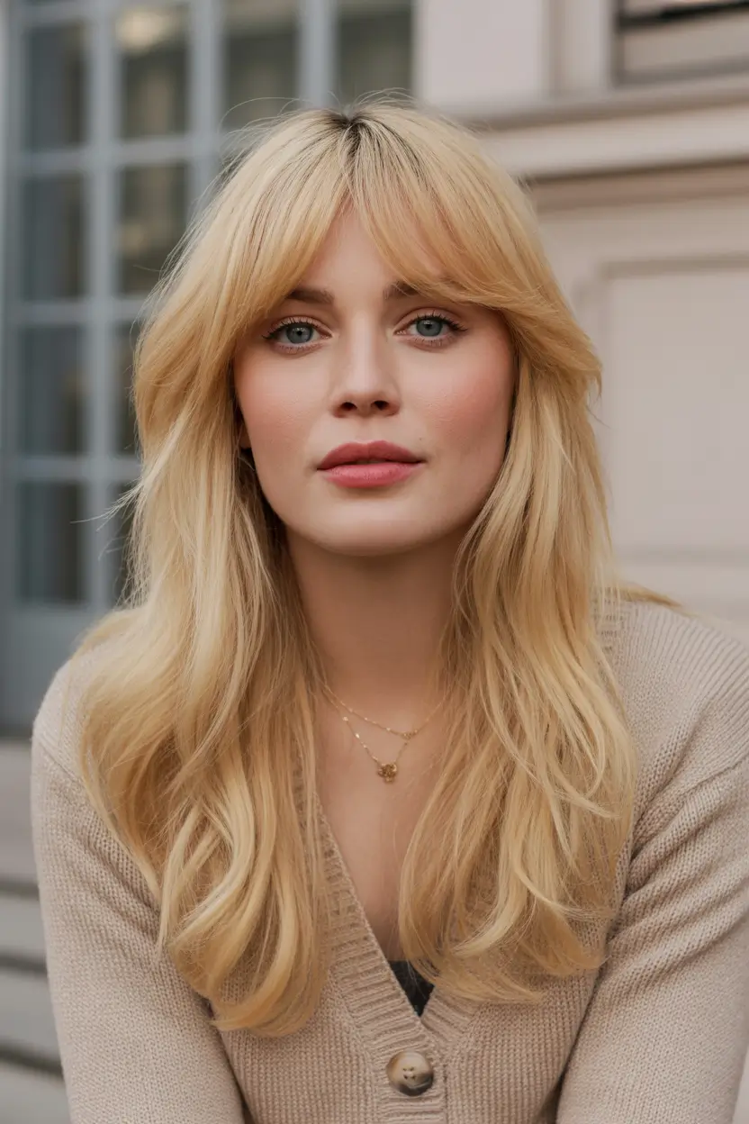 Best hair color for light skin 2026 + Butter Blonde Layers With Curtain Bangs