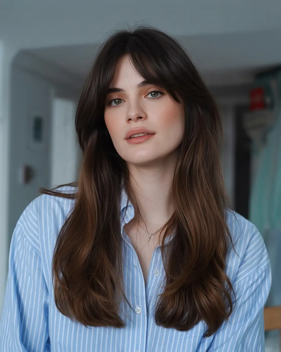 Best hair color for light skin 2026 + Mocha Brunette With Soft Bottleneck Bangs