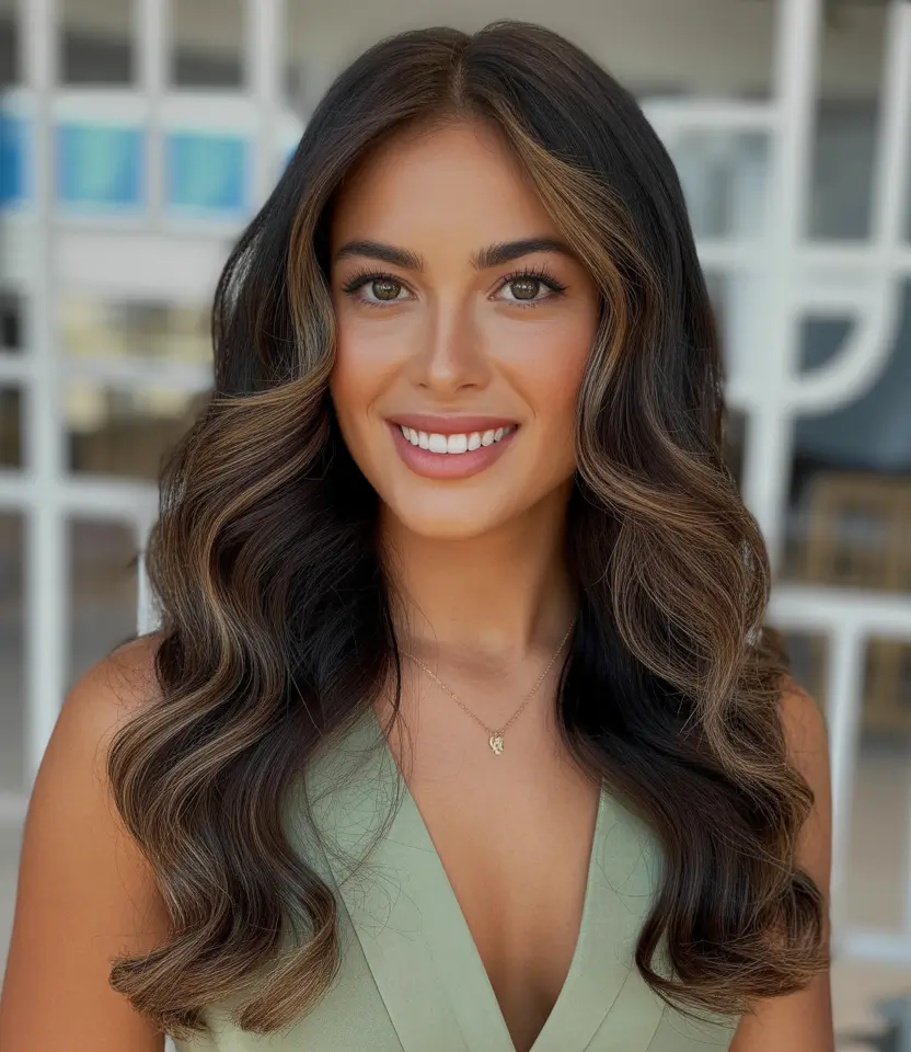 Best hair color for tan skin 2026 + Glossy Dark Brunette With Olive-Gold Face Brightening