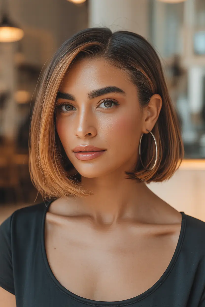 Best hair color for tan skin 2026 + Glossy Short Bob With Caramel Ribbons