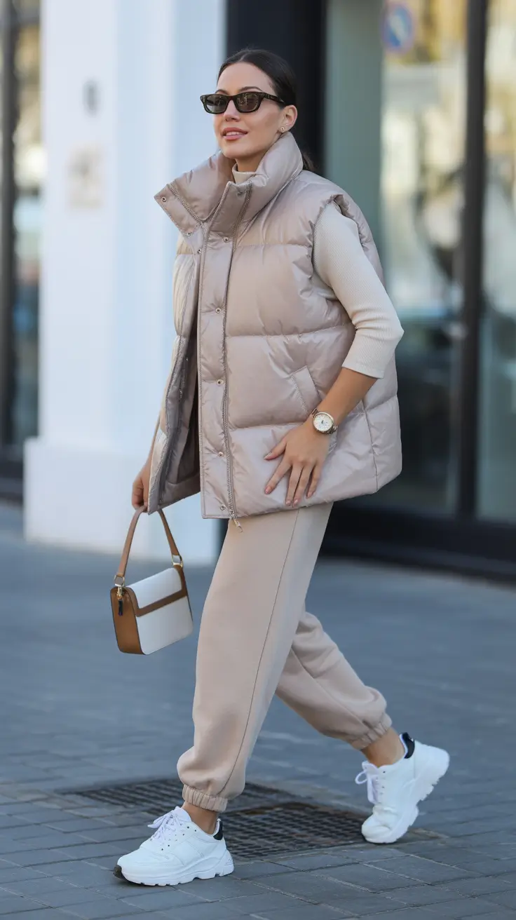best cold spring outfit 2026 Monochrome Puffer Vest And Soft Neutrals
