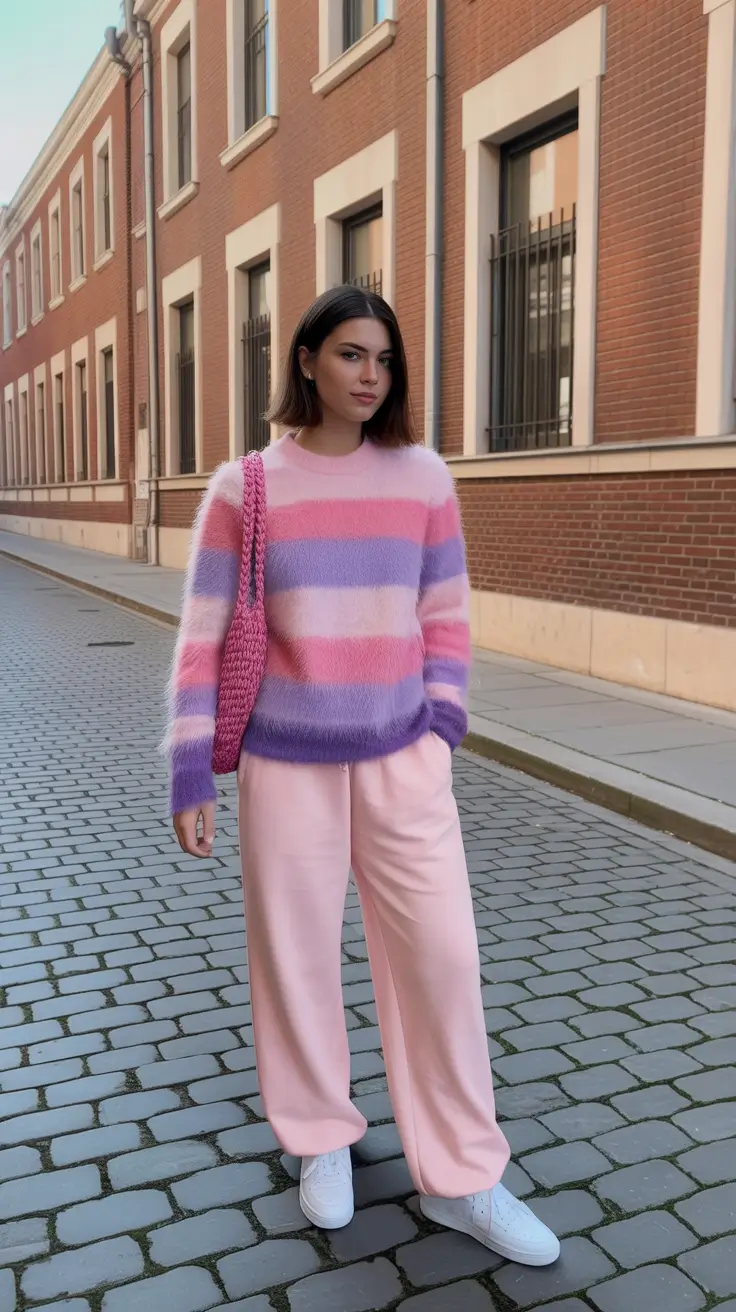best cold spring outfit 2026 Pastel Stripe Knit And Wide-Leg Comfort