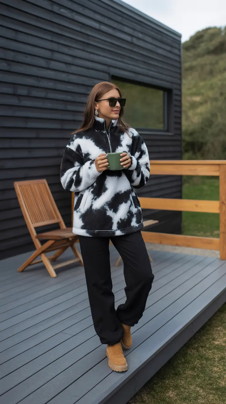 best cold spring outfit 2026 Tie-Dye Fleece And Black Joggers For Cabin-Chic Days