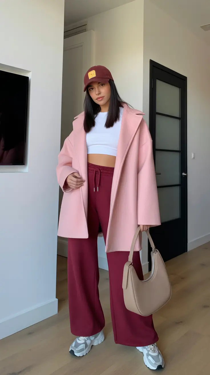 best cold spring outfit 2026 Pink Coat And Burgundy Set For Sporty City Contrast