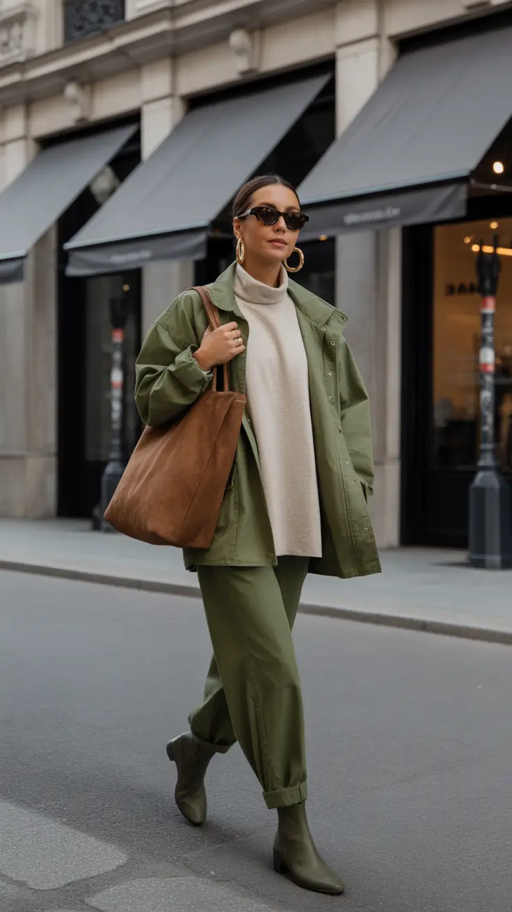 best cold spring outfit 2026 Olive Utility Set With Cozy Turtleneck For Polished Cold Days