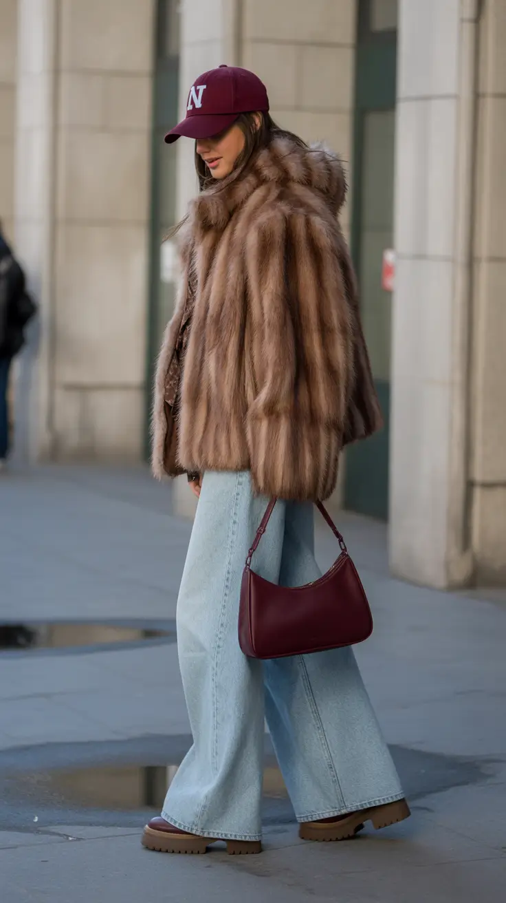 best cold spring outfit 2026 + Faux Fur And Burgundy Cap Street Cool