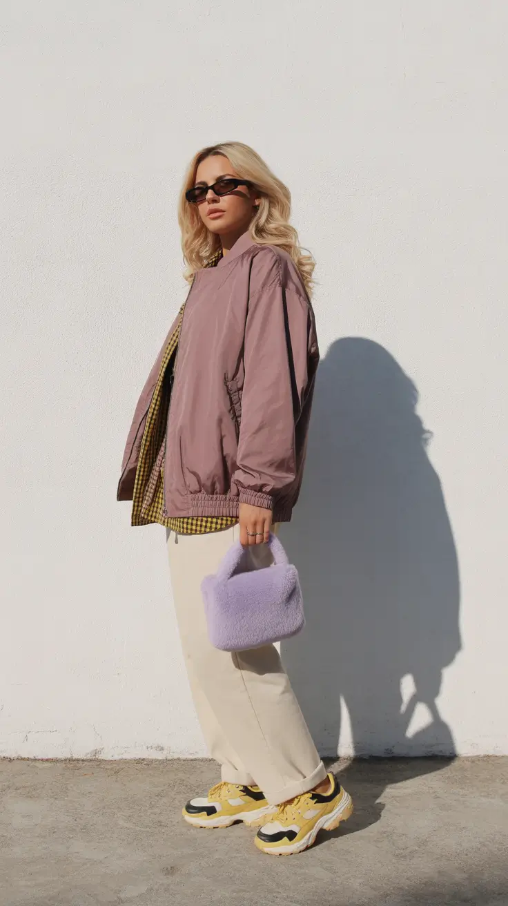 best cold spring outfit 2026 + Mauve Bomber And Sunny Sneakers Pop