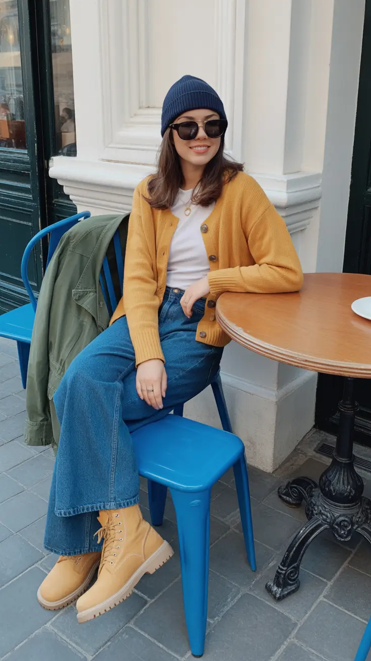 best cold spring outfit 2026 + Mustard Cardigan Cafe Uniform With A Beanie