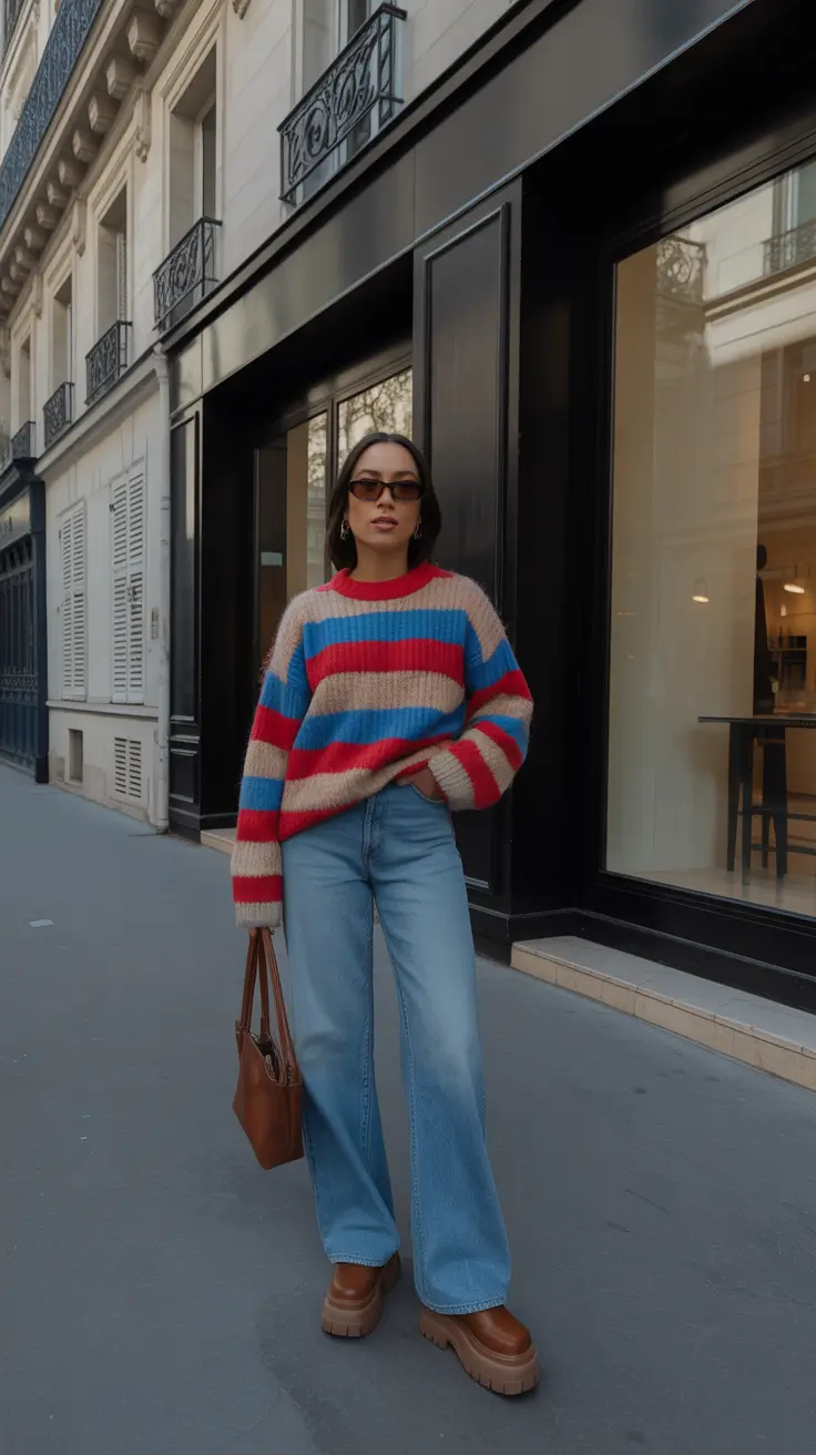 best cold spring outfit 2026 + Striped Sweater And Wide Jeans For City Strolls