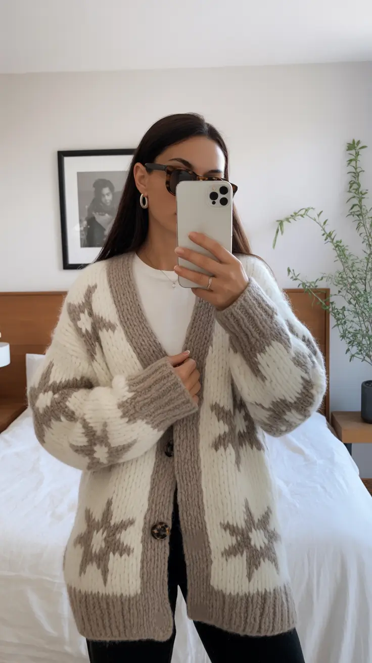 best cold spring outfit 2026 + Chunky Patterned Cardigan For Cozy Indoors Days