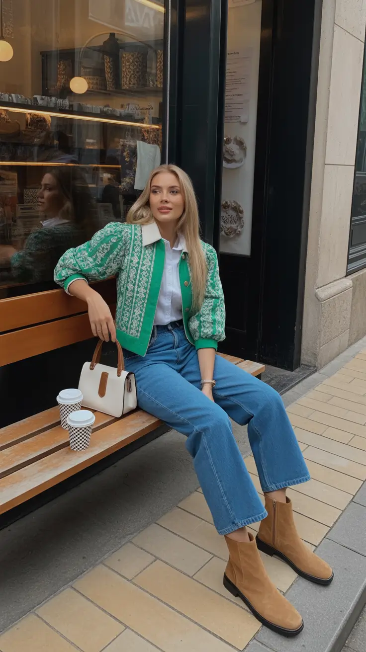 best cold spring outfit 2026 Green Texture Jacket With Denim And Suede Boots