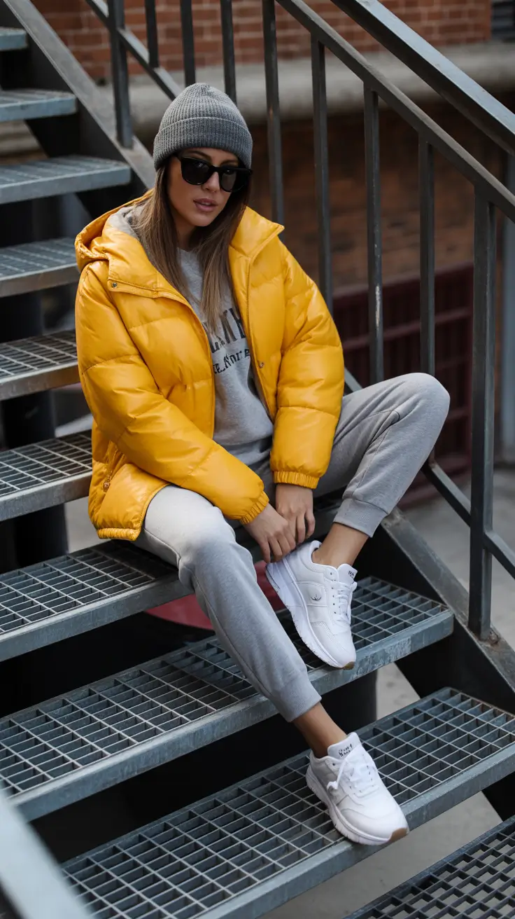 best cold spring outfit 2026 Sunny Puffer And Grey Sweats For A Bright Cold Snap