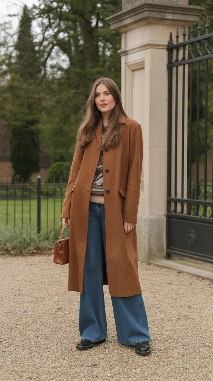 best cold spring outfit 2026 + Camel Coat And Wide-Leg Denim Confidence
