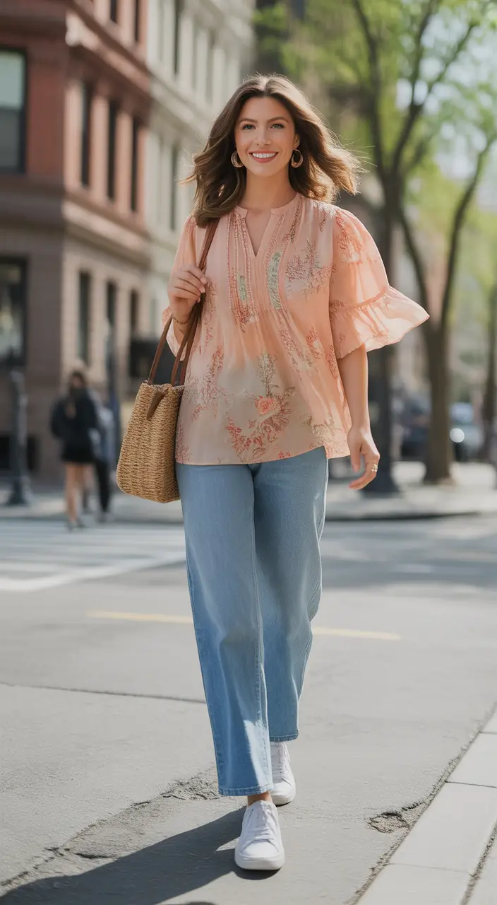 comfy spring outfits 2026 Peach Florals And Flowy Denim