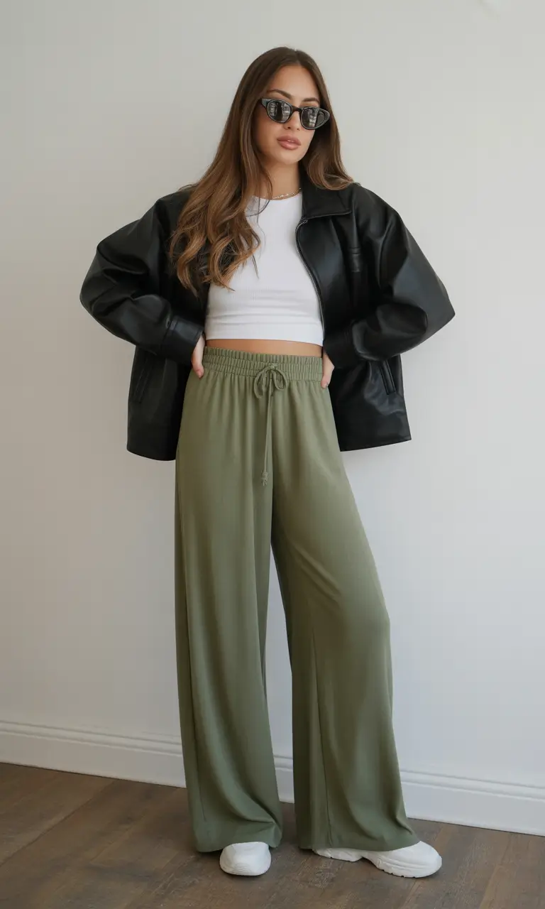 comfy spring outfits casual looks Leather Texture And Relaxed Olive Pants