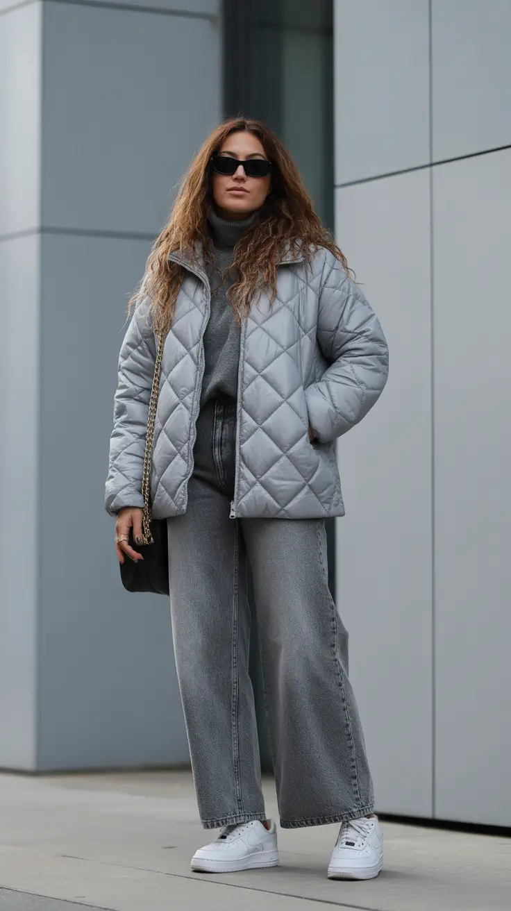 cozy early spring outfits 2026 + Monochrome Gray Layers With A Quilted Jacket