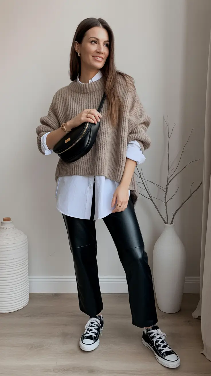 cozy early spring outfits 2026 Neutral Knit And Faux Leather For A Cozy-Cool Day Indoors And Out