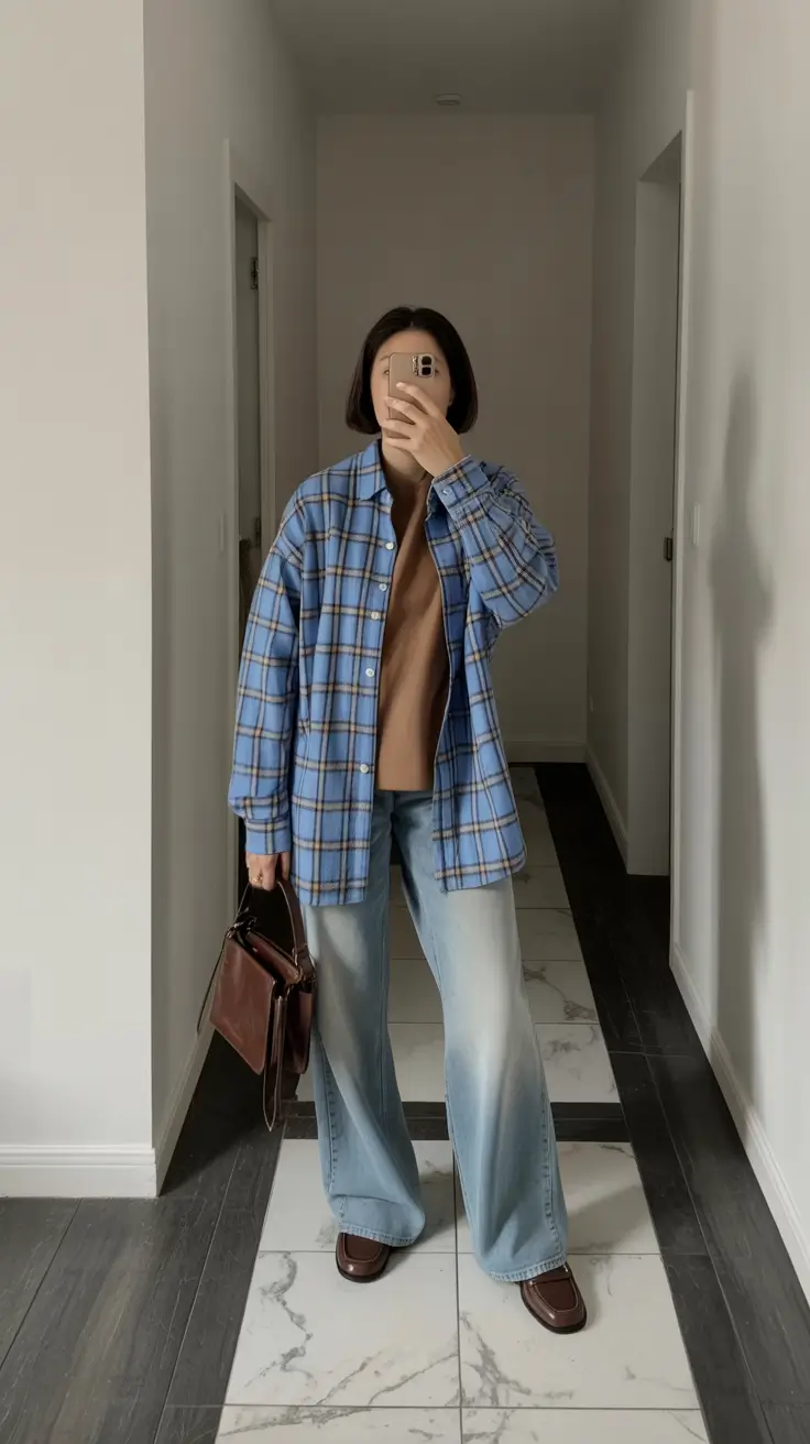 cozy early spring outfits 2026 + Blue Plaid Overshirt And Wide-Leg Denim For Cozy Transition Days
