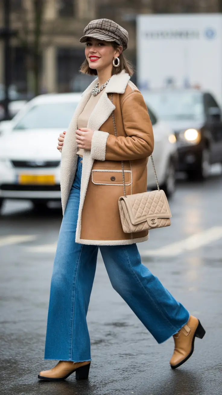 cozy early spring outfits 2026 + Shearling-Lined Coat With Wide-Leg Jeans And Vintage Accessories