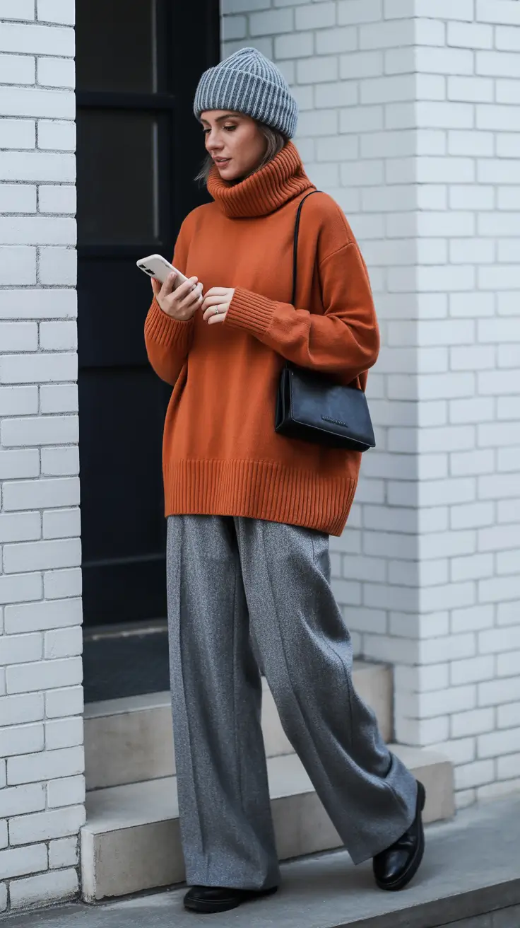 cozy early spring outfits 2026 Rust Turtleneck Cozy With Tailored Gray Trousers