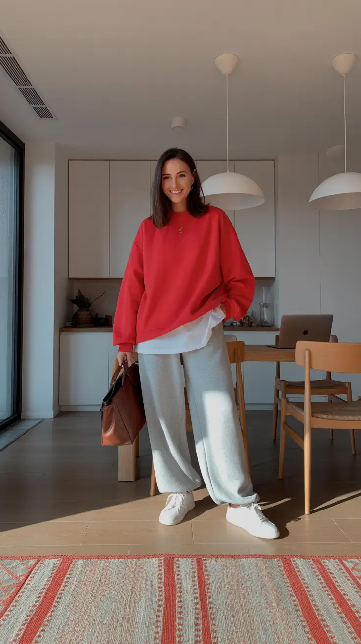 cozy early spring outfits 2026 Red Sweatshirt And Wide Sweats For Bright Comfy Mornings